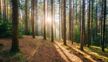 Obraz premium Golden Sun Rays Breaking Through Dense Pine Forest on a Crisp Autumn Morning