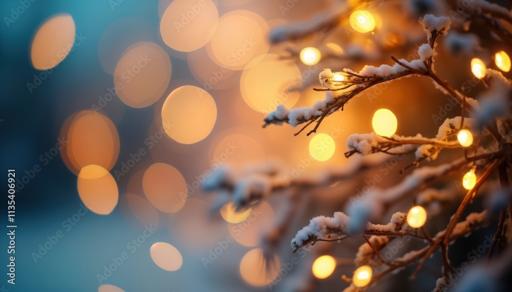 Poster festive winter scene with warm golden lights decorating snow-covered branches. blurred background sh