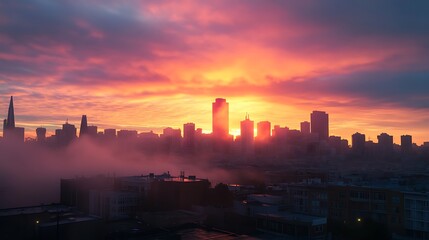Fototapeta premium San Francisco Sunrise Through Fog. Cityscape, Urban, Sunrise, Foggy