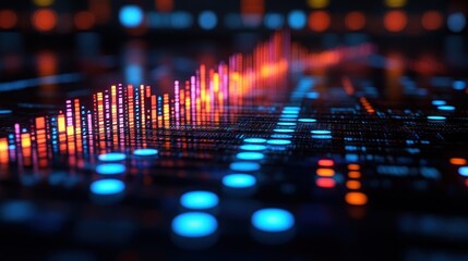 Abstract digital data visualization with vibrant, glowing, colorful bars and circles representing information flow and growth.