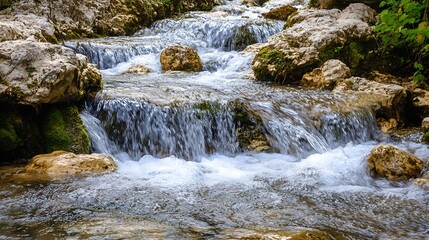Fototapeta premium Waterfall cascading over rocks. Natural beauty, tranquil creek, flowing water.