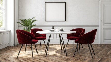 Fototapeta premium Modern dining room with round table, red velvet chairs, and empty frame.