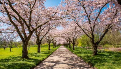 Obraz premium Blooming Cherry Blossom Trees Lining Quiet Pathway in Springtime Garden