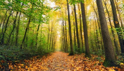 Fototapeta premium Autumn Forest Path Covered in Golden Leaves Under the Glow of Soft Morning Light