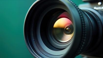 Professional movie-level video camera lens smoothly adjusts focus. High-quality tech equipment for cinematic footage capture. Modern camera gear in action for film production. Precision optical zoom