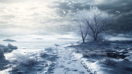 Winter Wonderland Path. Frozen Landscape, Snowy Path, Nature, Serenity
