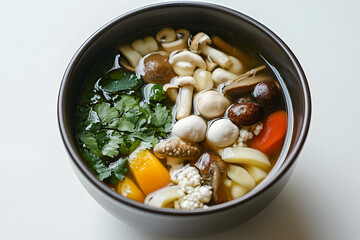 Fresh Vegetable Soup with Assorted Mushrooms and Herbs in a Bowl
