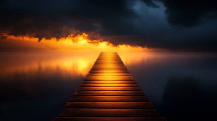 Fototapeta premium Dramatic sunset over calm water, wooden pier extending towards fiery sky.