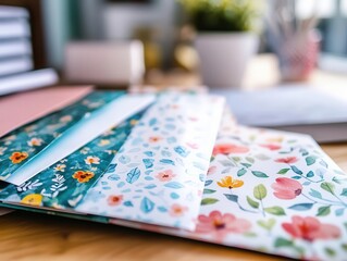 Fototapeta premium Envelopes with vibrant designs, soft lighting, cozy office setup