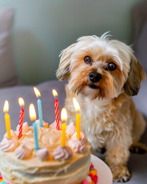 Cute dog with birthday cake, candles, and festive decorations celebrating a party in adorable style