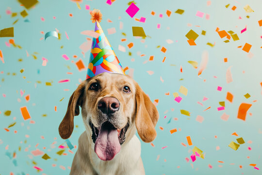 Happy dog wearing a colorful party hat surrounded by confetti at a festive celebration