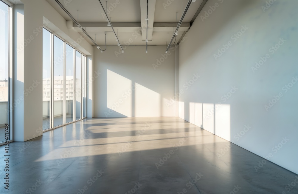 Poster empty minimalist gallery space boasts stark white walls, polished concrete floors. dramatic shadows 