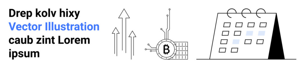 Bitcoin symbol surrounded by circuit lines, upward-pointing arrows, and a calendar with dots. Ideal for finance, technology, cryptocurrency, growth strategy, data analysis, blockchain, business
