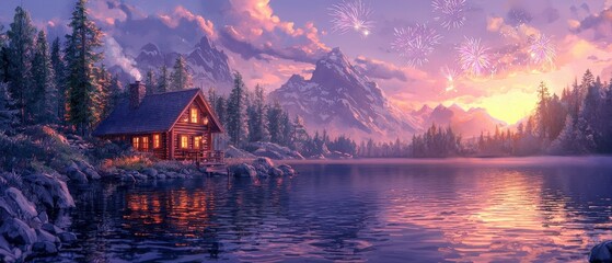 Fototapeta premium Serene Lakeside Cabin at Dusk Surrounded by Majestic Mountains and Colorful Fireworks in a Tranquil Landscape