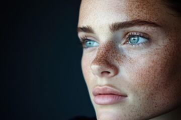 A striking close-up portrait highlighting a woman with stunning freckles and captivating blue eyes, embodying natural beauty and serene expression against a dark backdrop.