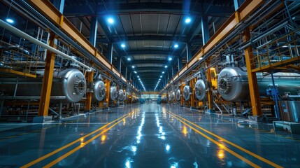 Fototapeta premium A spacious industrial facility with large machinery and bright lighting.
