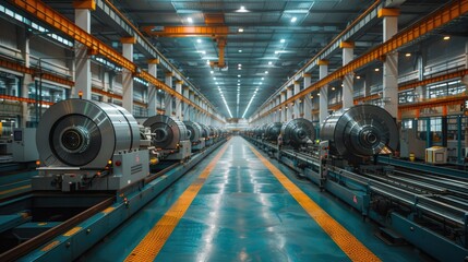 Fototapeta premium A spacious industrial facility with large machinery and organized equipment for manufacturing.