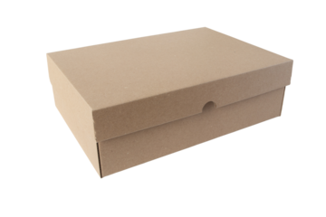 Brown craft paper box isolated transparent png. Carton rectangular packaging container with lid. Corrugated cardboard closed shoe box.

