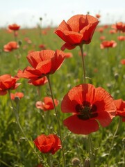 Obraz premium Crimson poppy blooms in field, sunlit petals, image, wildlife