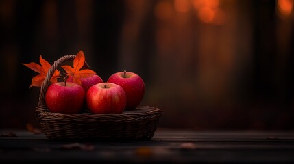 Red apples in a wicker basket on wooden surface with autumn leaves and blurred forest background.