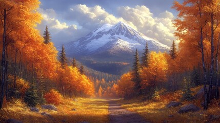 Autumnal mountain landscape with a path leading to a snow-capped peak, vibrant fall colors.