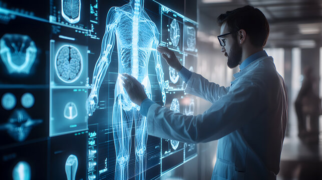 A businessman interacts with a digital X-ray interface for human body scans, rendered in 3D.
