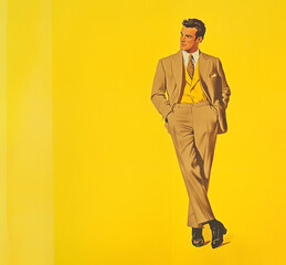 a 1950s advertising illustration of a man on yellow background, room for text