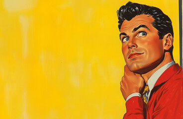 a 1950s advertising illustration of a man on yellow background, room for text