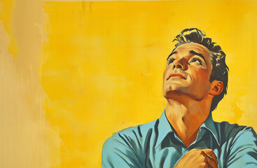 a 1950s advertising illustration of a man on yellow background, room for text