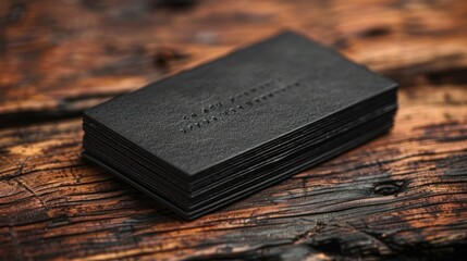 A stack of minimalist black business cards on a rustic wooden surface.