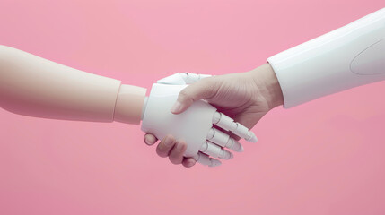 Explore the synergy of human and AI in this striking digital art, where a robot and a person unite through a handshake.