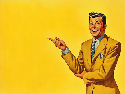 a 1950s advertising illustration of a man on yellow background, room for text