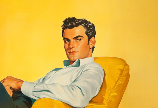 a 1950s advertising illustration of a man on yellow background, room for text