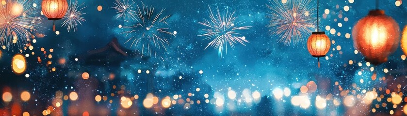 Vibrant Night Sky Illuminated by Colorful Fireworks and Lanterns in a Festive Atmosphere