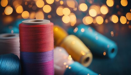 Thread spool with vibrant colors, soft lighting, cozy crafting setup