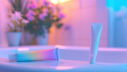 Toothpaste tube with vibrant colors, soft lighting, cozy bathroom setup
