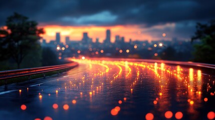 City road at sunset, rain.