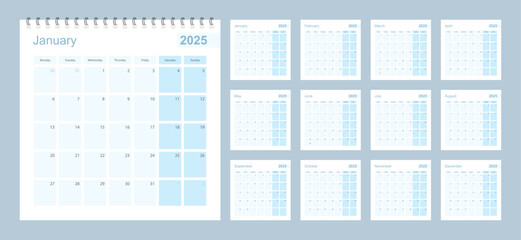 2025 wall planner in blue pastel color, week starts on Monday.
