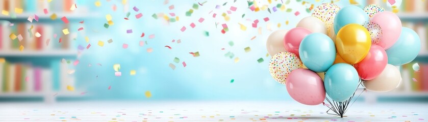 Obraz premium Colorful Balloons with Confetti Falling in a Bright Celebration Setting for Party Themes and Events
