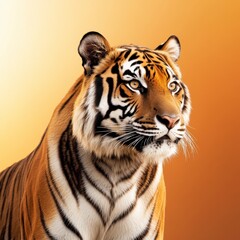 Obraz premium Majestic Tiger Staring with Intense Gaze Against a Vibrant Background, Capturing the Power and Grace of Nature's Most Iconic Big Cat in Stunning Detail