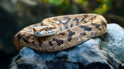 Naklejka premium Close up of a snake coiled on a rock. Concept of wildlife, reptile, and nature.