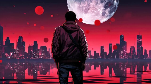 Powerful Overlord overlooks the neon cityscape in a cinematic scene.