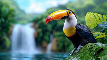 Fototapeta premium Colorful Toucan Perched Among Lush Green Leaves with Waterfall in Background, Capturing the Vibrant Natural Habitat of Tropical Rainforest in Stunning Detail