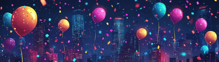 Naklejka premium Colorful Balloons and Confetti in a Night Cityscape Celebrating a Joyous Occasion with Vibrant Atmosphere