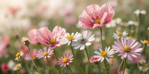 Obraz premium Delicate poppy and chamomile blossoms, vibrant colors, soft focus, orange, texture