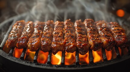 Close-up of grilled beef skewers on a hot grill. Smoke rising from the sizzling meat.