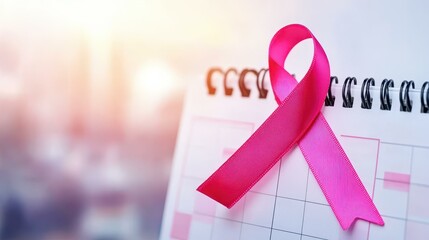 A closeup view of a calendar marked with a pink ribbon, symbolizing breast cancer awareness month in a softfocus backdrop.