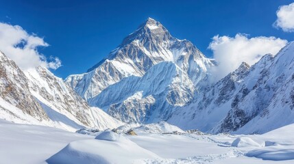 Naklejka premium Breathtaking Snowy Mountain Landscape With Majestic Mt. Everest Towering in a Winter Wonderland. Generative AI