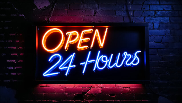 Neon sign with the inscription open 24 hours on a dark brick background - Powered by Adobe