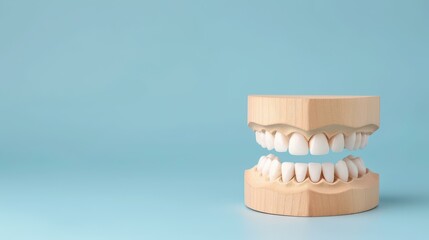 A wooden jaw model showcases teeth while a dentists hands emphasize the importance of oral hygiene and checkups.
